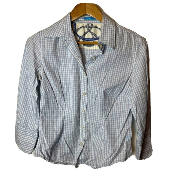J. McLaughlin Blue Check Plaid Cotton Long Sleeve Button Up Blouse Size 2 - Picture 1 of 7
